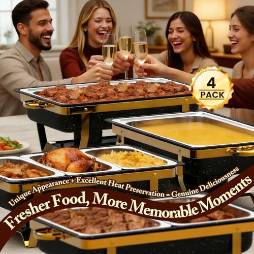 Image of Amhier 9Qt Chafing Dishes for Buffet, 4 Pack, Black | Multi-Size Food Pans, Maifanite Coating, Resisting Scratches & Stains, Foldable Frame, Stainless Steel, For Parties, Weddings