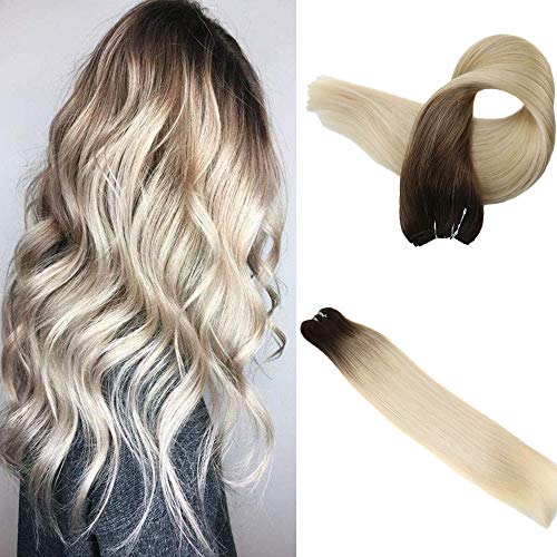 Easyouth Sew In Hair Brazilian Remy Hair Weft 18 Inch 100 Gram Per Pack Color #7B Brown Fading To #613 Yellow Blond Brown Roots Blond Ends Colored Extensions Balayage Hair Bundles