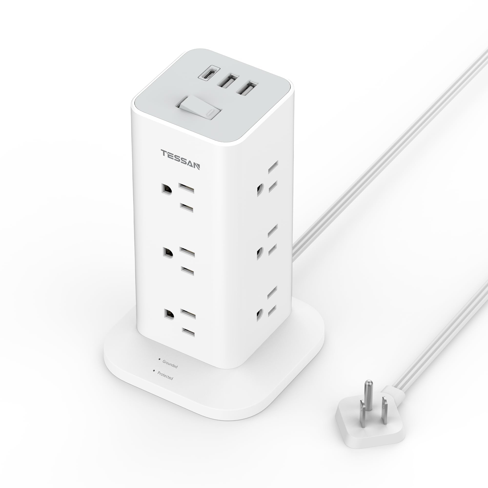 1050J Surge Protector Power Bar Tower, TESSAN Flat Plug Extension Cord 6 Feet with 12 AC Outlets 3 USB Ports (1 USB C), Charging Station for Home, Office Supplies, Dorm Room Essentials