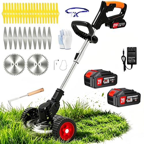Cordless Electric Weed Wacker Eater Battery Operated Stringless Weed Trimmer, Lightweight Portable Edger Grass Trimmer/Brush Cutter/Lawn Mower with 3 Types Blades & Wheels for Yard and Garden
