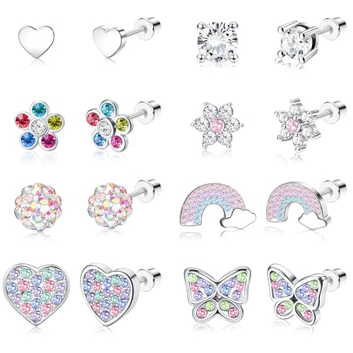 Jstyle 8 Pairs Hypoallergenic Surgical Stainless Steel Stud Earrings - Cute Screw Back Jewelry Set Gift for Girls Women Toddlers Kids Comfortable Fit 20G - Multicolored Pink