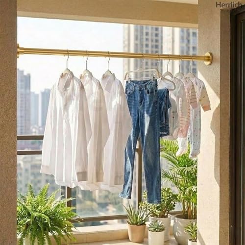 Image of Herrlich Homes (85 to 140 cm) Extendable Shower Curtain Tension Rod | Non-Drilling Anti-Skid Spring Pull Rod | Adjustable Size | With Rubber Pads | Stainless Steel | Gold | 1 Piece