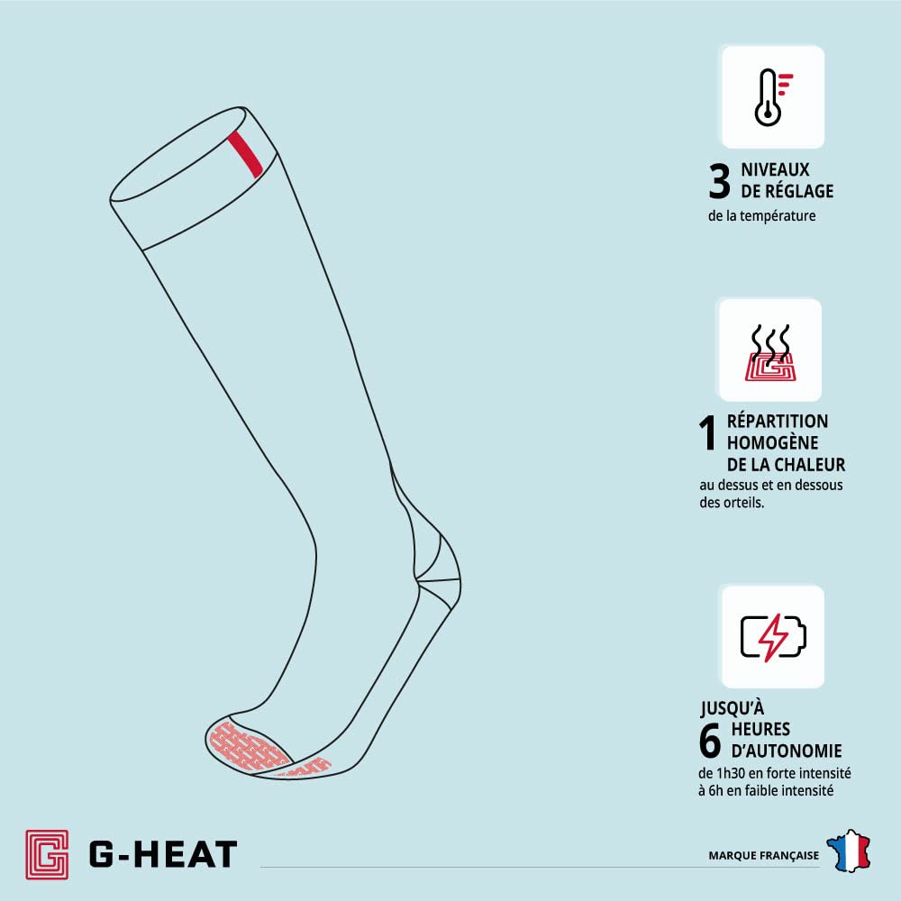 G-HEAT - Chaussettes chauffantes Outdoor - Mixtes - Epaisses - Douces. Usages : Sports d'hiver, Rando, équitation, Ville, Travail, Bien-être. Fournis avec 1 Paire de Batteries et câble de Recharge