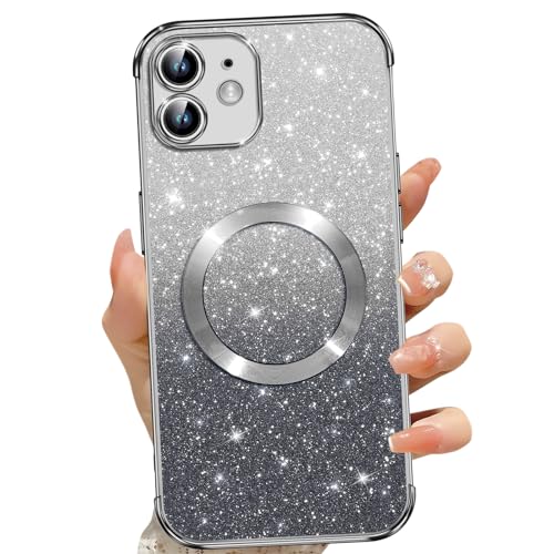 Cover Magnetica per iPhone 12 Glitter Custodia Compatibile con MagSafe Anti Graffi Non Ingiallente Protezione Completa Case 12 con 2 Vetro Temperato nero