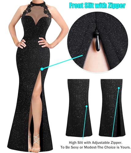 Image of VFSHOW Womens Formal Sexy Halter High Slit Prom Wedding Guest Maxi Dress 2023 Illusion Sweetheart Neckline Evening Long Gown