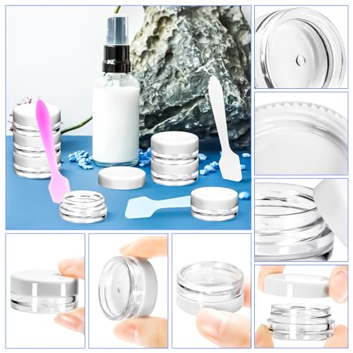 MotBach 100 Pcs 3g Empty Plastic Containers with White Lids,Tiny Makeup Sample Containers, Small Pot Jars Clear Round Cosmetic Jars with 20 Pcs Mini Spatulas for Liquid Sample Powder Creams3