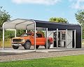 Jocisland 12x24 FT 2-in-1 Carport & Storage Shed, Heavy Duty Carport with Galvanized Steel Roof, 12x4.2 FT Metal Shed with 2 Transparent Panels & Double Doors, Car Canopy for Cars, Boats, Trucks