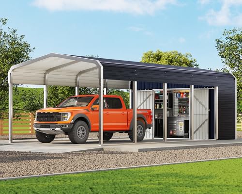 Image of Jocisland 12x24 FT 2-in-1 Carport & Storage Shed, Heavy Duty Carport with Galvanized Steel Roof, 12x4.2 FT Metal Shed with 2 Transparent Panels & Double Doors, Car Canopy for Cars, Boats, Trucks