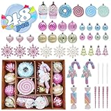 Macaron Christmas Ball Ornaments，Shatterproof Pendants Cute Donut Lollipop Candy Cake Hanging Ornaments for Christmas Tree Holiday Candyland Decorations Indoor (48Pcs)