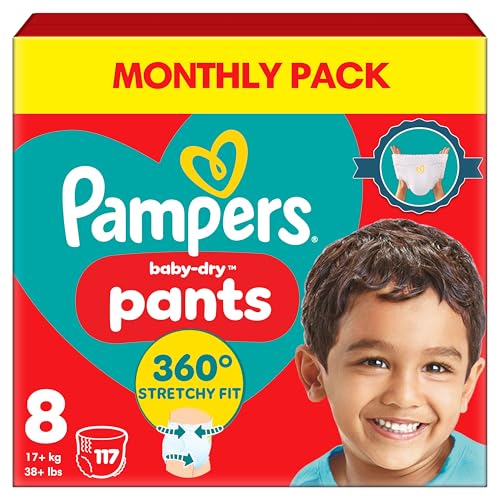 Pampers Baby-Dry Nappy Pants Size 8 117 Nappies 17kg+ Monthly Pack 360 Fit To Help Prevent Gaps And Leaks