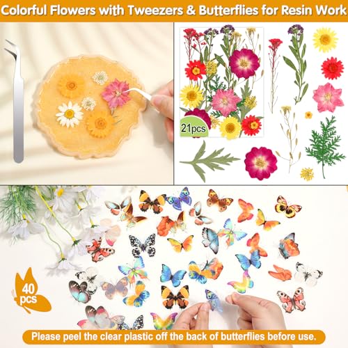 Image of 235 Pcs Pressed Dried Flowers for Resin, Natural Real Dried Pressed Flowers for Crafts, Bulk Dry Flowers for Resin Molds, Candles, DIY Art Jewelry Making with Tweezers Butterfly Stickers Set Decorate