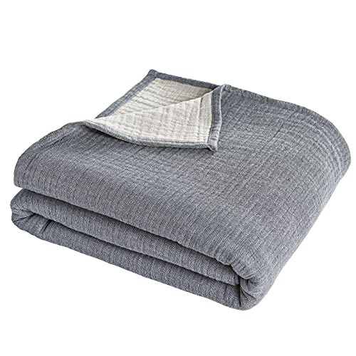 PHF 100% Cotton Muslin Blanket King Size 108 x 90, Yarn Dyed 3 Layers Ultra Soft Lightweight Breathable Blanket, Perfect Blanket Layer for Couch Bed Sofa, Elegant Home Decoration Grey Bluish