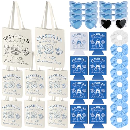 32 Pcs Seashells and Wedding Bells Bachelorette Gift Including 8 Heart Shaped Sunglasses Bride Scrunchies Seashells and Wedding Bells Themed Tote Bags and Cup Sleeves for Bridal Shower Party