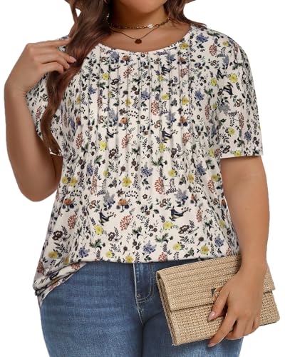 Image of Plus Size Tops for Women Pleated Summer Top Trendy Short Sleeve Shirts Casual Basic Tee Crew Neck Blouses 2026