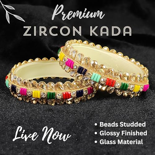 Image of NMII Glass Golden Zircon Stone & Kundan Beads Kada Set For Women & Girls | Fancy Design Kada Bangles | Traditional Look Kangan | Glass Bangles For Women Wedding, Party, Function, Daily use