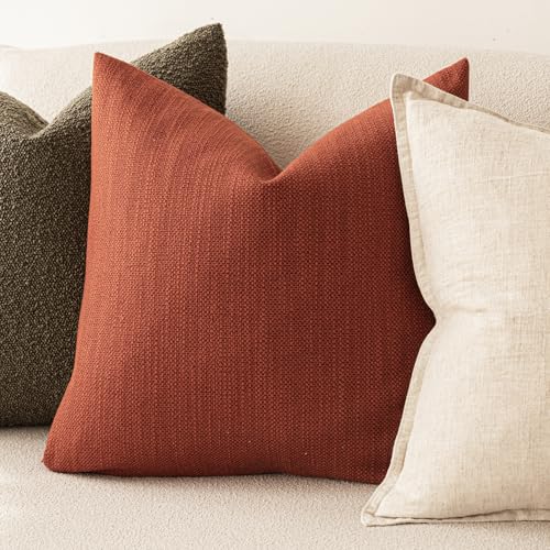 Image of Foindtower Set of 2 Decorative Textured Burlap Linen Throw Pillow Covers Farmhouse Boho Cushion Cover Solid Accent Pillowcase for Couch Sofa Bed Living Room Home Decor, 22x22 Inch,Fall Orange Hazel