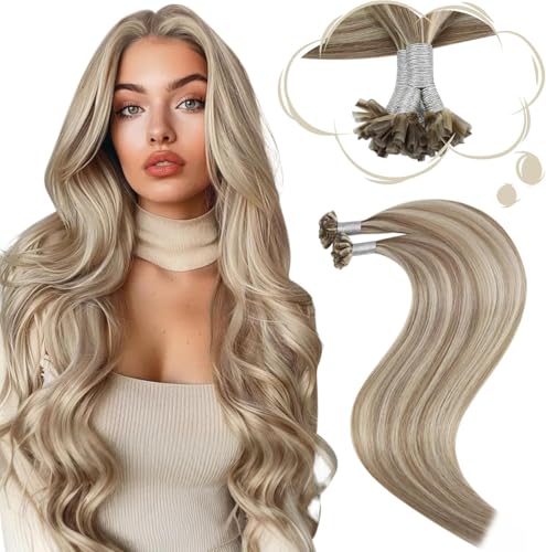 Image of Moresoo K Tip Hair Extensions Real Human Hair, Beige Brown Blonde, 20 Inch | 50g 50 Strands, Keratin Bonded Tips, Long Straight Hair, Blonde Highlight Blend, Professional Installation