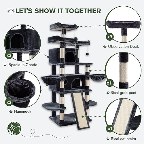 IMUsee 68 Inches Multi-Level Large Cat Tree for Large Kitties/Big Cat Tower with Condo/Cozy Plush Perches/Sisal Scratching Posts and Hammocks/ Feline Activity Center Play House/Smoky Grey