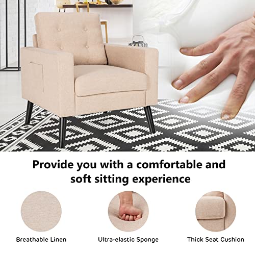 Giantex Set Of 2 Modern Accent Chair, Mid-Century Upholstered Armchair Club Chair With Rubber Wood Legs, Linen Fabric Single Sofa For Living Room Bedroom Office (2, Beige) #TOP1