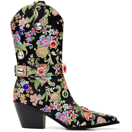 LOCERICH Women Rhinestone Cowboy Sparkly Cowgirl Boots Diamond Western Floral Embroidery Mid Calf Booties4
