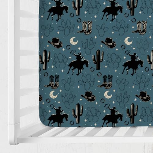 Image of Vintage Western Cowboy Baby Crib Sheets 52''x28'' Cowboy Horse Boots Hat Cactus Moon Snug Fitted Crib Mattress Cover for Boy Girl Wild Plants Soft Baby Bed Sheet for Standard Crib Toddler Mattress
