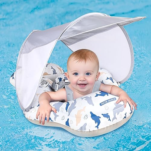Image of Doctor Dolphin Baby Pool Float with Tail Inflatable Baby Swimming Float with Sun Canopy (Camo, S)