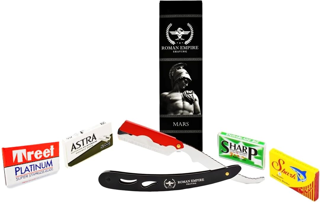 Razor Blades Club - ROMAN EMPIRE SHAVING Mars New Straight Razor for Professional Barber with 20 Blades Sampler