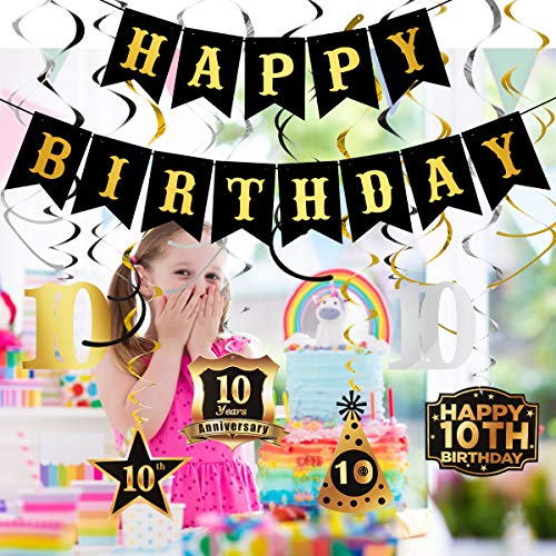 image for LeeSky Black Happy Birthday Bunting Banner With Shiny Gold Letters and