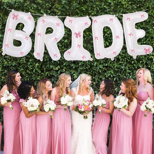 Image of White Bride Balloons 40 inch with Ribbon Bows for Bridal Shower Bride to Be Bachelorette Party Decorations Wedding Engagement Party Decor (Pink)