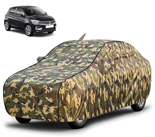 Image of FABTEC Waterproof Car Body Cover for Tata Tiago with Mirror and Antenna Pocket, Triple Stitched (Military, Jungle Print, Camouflage Design)