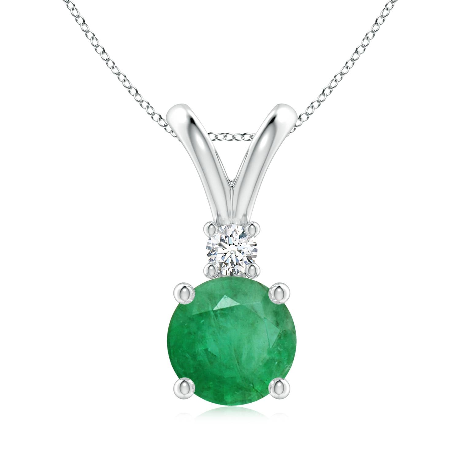 Natural Emerald Solitaire Pendant for Women | Round Emerald Solitaire V-Bale Pendant with Diamond in 14K Solid Gold/Silver/Platinum With 18" Chain | May Birthday, Gemstone Jewelry Gift