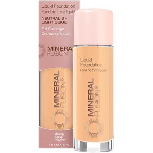 Mineral Fusion Full Coverage Foundation, Liquid Foundation - Neutral 3- Medium Complexion w/Neutral Undertones, Lightweight Matte Finish, Up to 12 Hr Hydration, Hypoallergenic & Vegan, 1 fl. oz