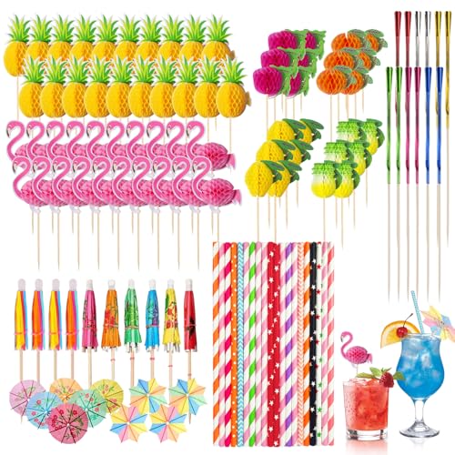 Quelcc 130 Pièces Décorations Cocktail Accessoires, Parasols Cocktail, Pailles, Bâtons Décoratifs Flamant Rose Ananas Feu d'artifice, pour Fête d'été...