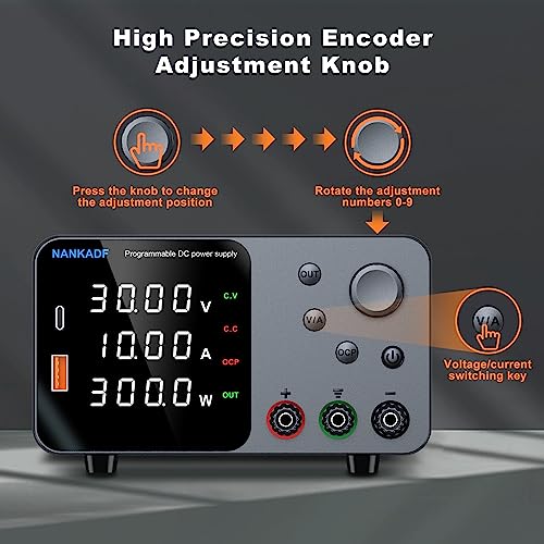 Image of DC Power Supply, 30V 10A Bench Power Supply with Encoder Adjustment, 5V /3.6A USB&Type-C Quick-Charge, Adjustable Power Supply with Output Enable /Disable Button, Short Circuit Alarm