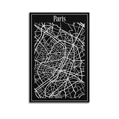 Poster della città di Parigi in bianco e nero con mappa astratta, poster moderno da parete su tela, decorazione estetica 40 x 60 cm, senza cornice