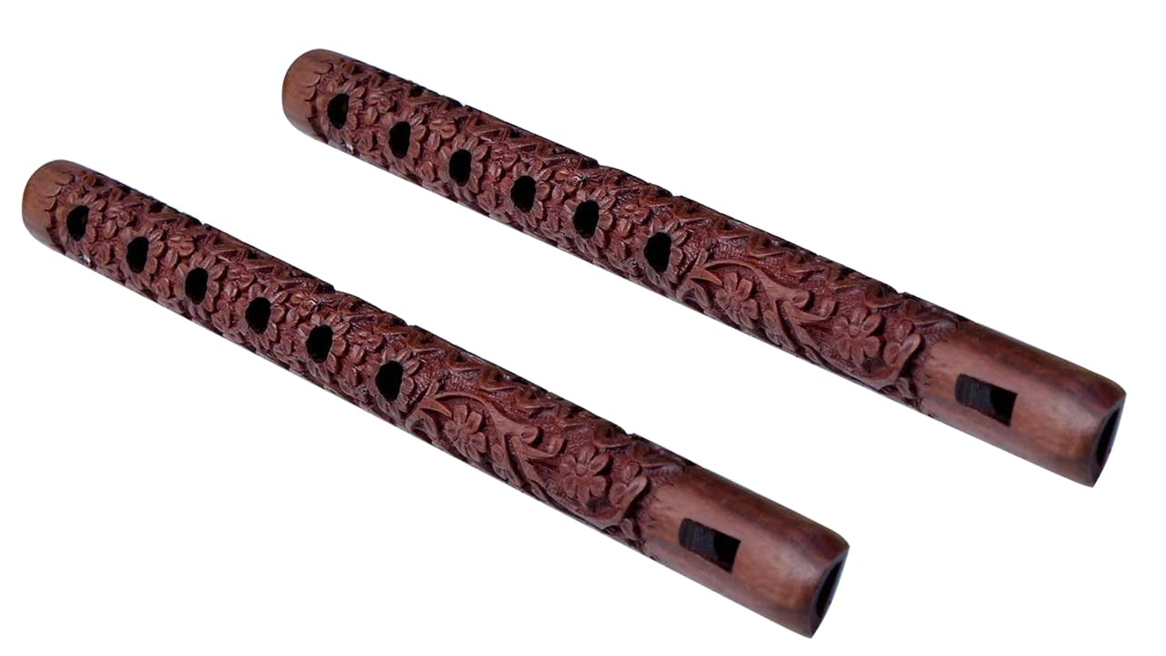 MANSHAMART® SET OF 02 Flute Basuri wooden Hand Carved Wooden Flute Lord Krishna Bansuri Indian Musical Instrument Home Decorative Woodwind Musical Mouth Instrument Player