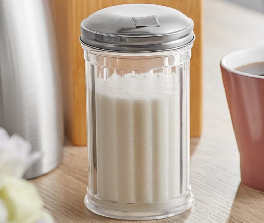 Soro Essentials- Set of 12 Acrylic 12 oz. Retro Style with Stainless Steel Side Flap Cap Sugar Pourers- Sugar Shaker Sugar Containers for Countertop Kitchen Set Sugar Container for Coffee Bar