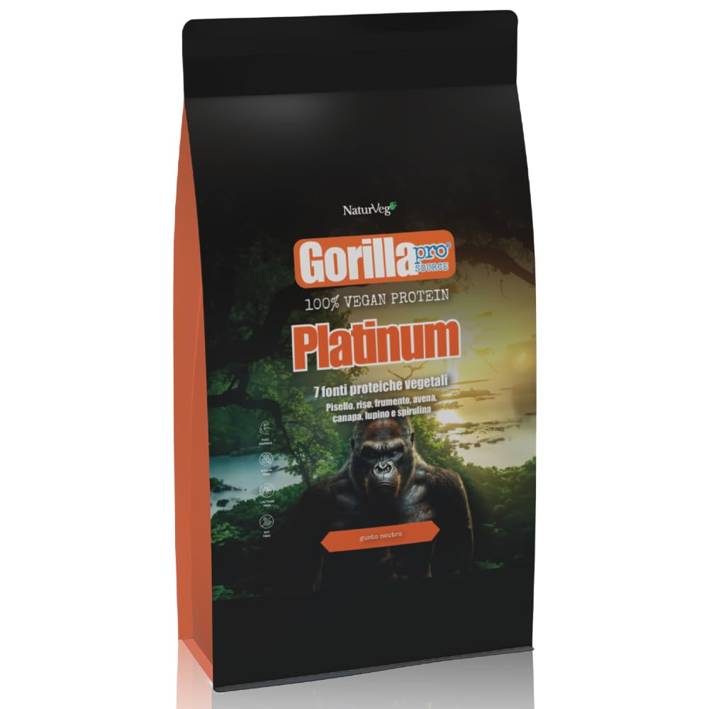 Naturveg® GORILLA PRO Platinum - Proteine Vegane in Polvere 1 Kg- Con proteine vegetali di Piselli, Riso, frumento, Avena, Canapa, Lupino, Spirulina (1Kg, Vaniglia)