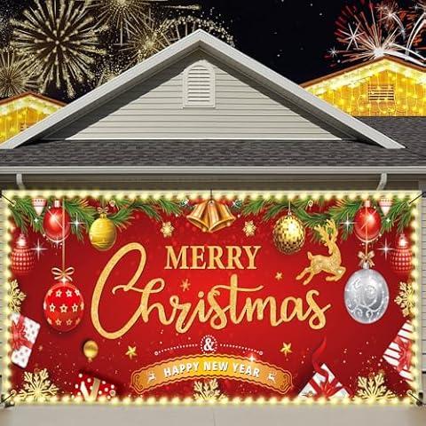WYRJXYB 7 x 16Ft Christmas Garage Door Banner Decorations with LED String Lights -2024 Large Christmas Double Garage Door Cover Backdrop for Indoor Outdoor Party Gift Holiday Home Wall Door Decoration Cover