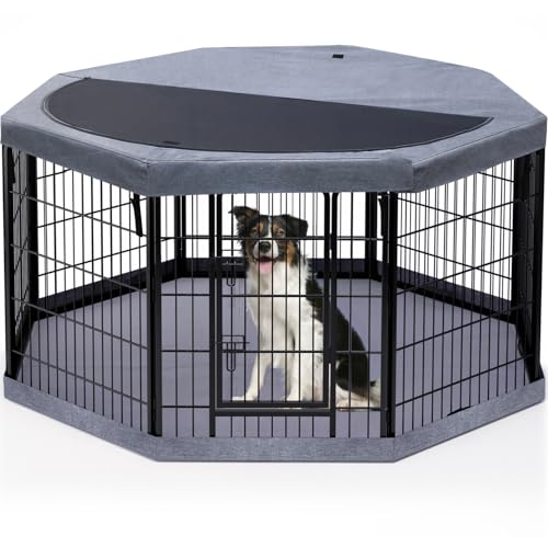 Image of PETIME Dog Playpen,Metal Exercise Puppy Pen Heavy Duty Kennels Yard Fence Indoor /Outdoor 27 inch W x 32 inch H 8 Panels Dog Cage with Octagon Top Cover and Bottom Pad