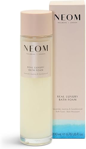 NEOM Espuma de baño de lujo real, 6.76 onzas líquidas  Lavanda, jazmín y palisandro  Aceite de coco y almendras  Aroma para desestresar  Vegana y