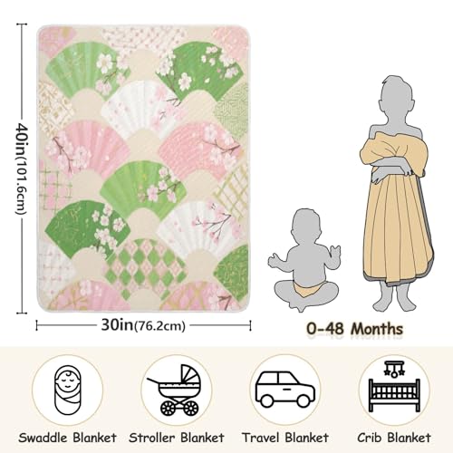 Custom Japanese Pinkish-Green Fan Swaddle Blanket Breathable Personalized Image Baby Name Blanket Personalized for Newborns, Infants, & Toddlers 30x40in Mantas para3