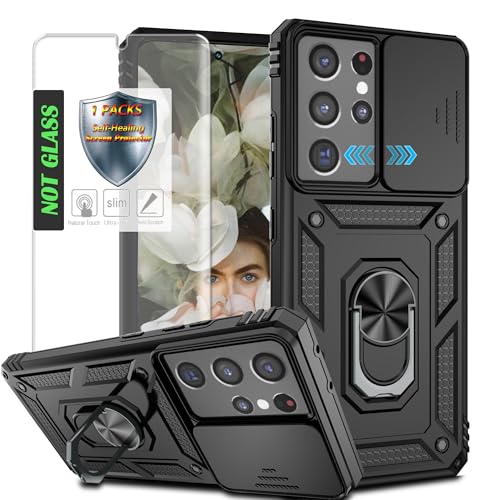 AYMECL for S21 Ultra Case with Slide Camera Cover 1Pcs Self-Healing Screen Protector Heavy Duty Shockproof Protective Case with Rotated Ring Kickstand for Samsung Galaxy S21 Ultra 5G Black