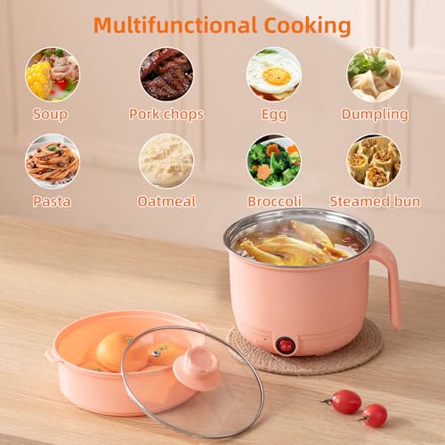 Image of Electric Cooking Pot with Steamer 1.5L | Multi-Function Mini Cooker | Non-Stick Inner | Travel Friendly Kitchen Appliance (Peach, With Steamer)