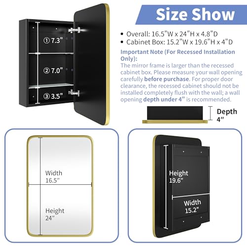 Image of Medicine Cabinet with Brushed Gold Metal Frame Mirror, Overall 16.5 inchx24 inch