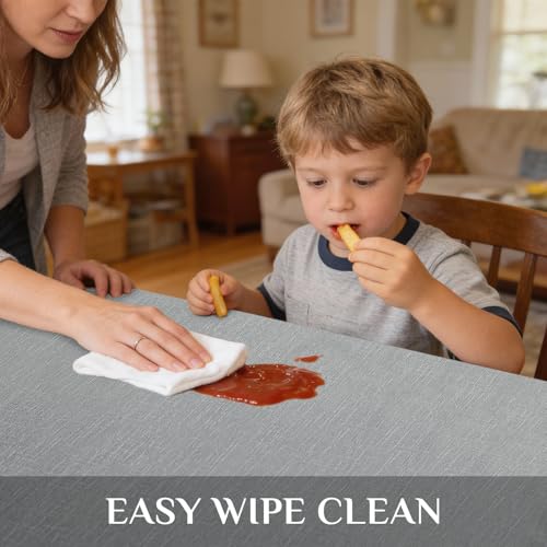 Image of Softalker Vinyl Tablecloth Rectangle, Outdoor 100% WaterProof Oil Proof Plastic Edge Binding Table Cloth, Heavy Duty Thick Wipeable PVC Table Covers for Picnic Dining Party - 54 x 120 Inch, Light Grey