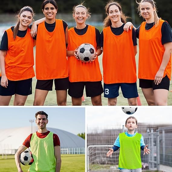 Malloom 24 Stück Fußball Leibchen für Erwachsene, ohne Logo Trainingsleibchen Fussball Leibchen Kinder Erwachsene, Team-Spiel Bibs für Fußball, Basketball, Volleyball - Grün & Orange