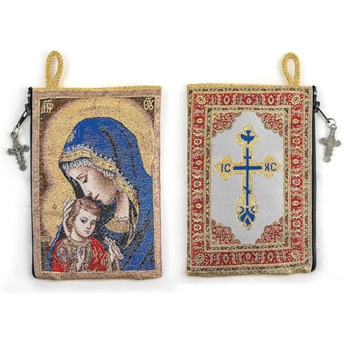 Image of Catholic Rosary Pouch, 4 inch x 6 inch Jewelry & Coin Purse with Cross, Small Woven Tapestry Icon Bag, Bolsa de Rosario Catolico para Joyeria, Madonna and Child & IC XC Cross - Red, 4 inch x 6 inch