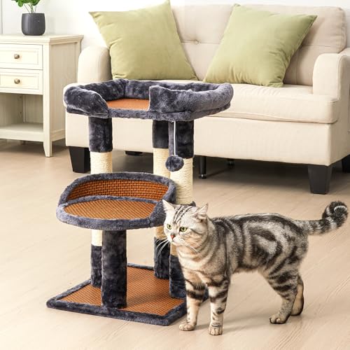 Keygarzone Multi-Level Cat Tower with Scratching Posts, Cat Tree with Double Cat Bed & Hanging Toys, Cute Climbing Tower with Sisal Scratcher for Kittens & Adult Cats, Grey