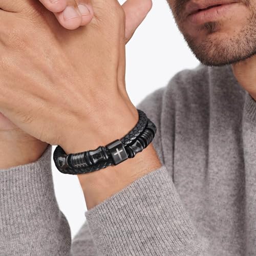 TempBeau Christian Black Leather Bracelet for Men - Double-Row Braided Leather Faith Cross Bracelets for Men Jewelry Gift Religious Baptism Easter Gifts for Young Men Teenage,Adjustable Wristband2